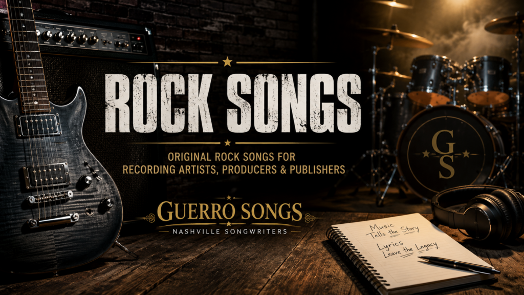 Header image for the Guerro Songs Rock Songs catalog featuring an electric guitar, drum kit, amplifier, and professional rock songwriting studio.