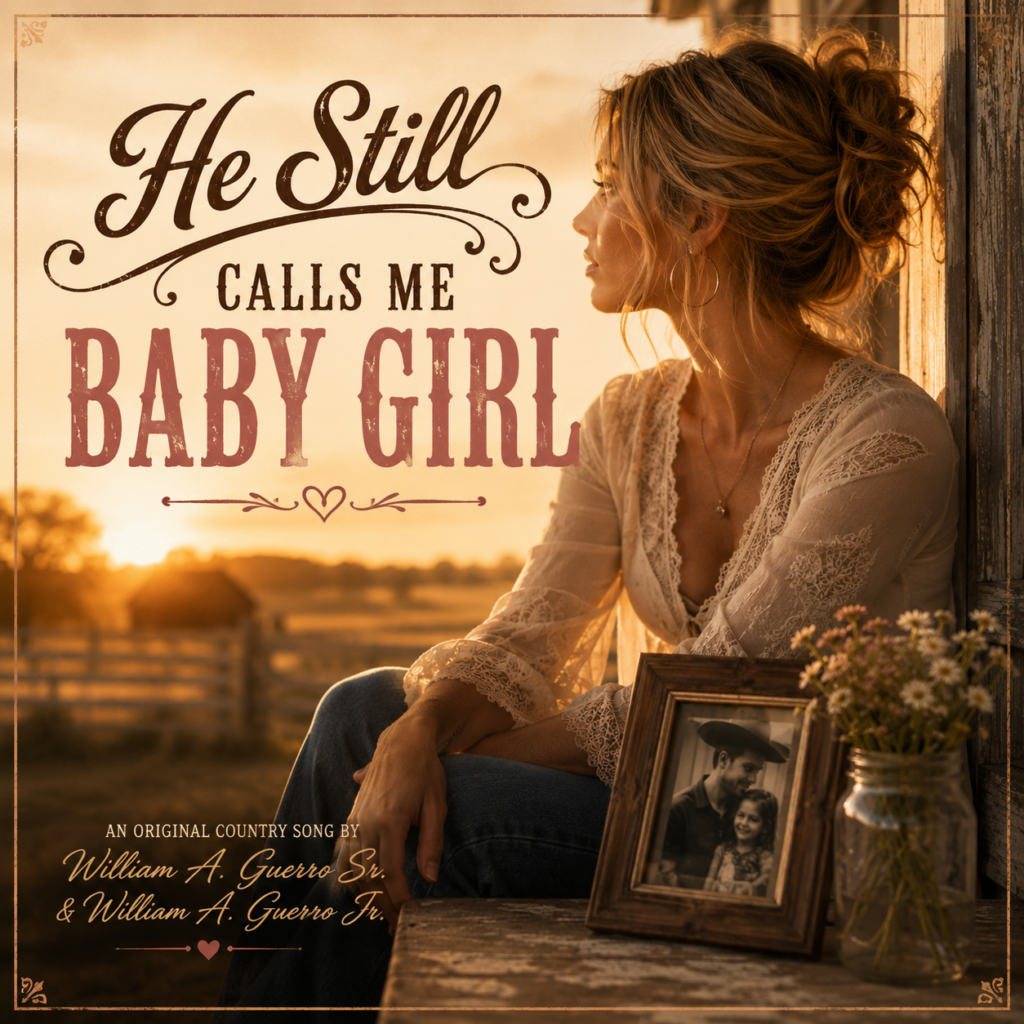 Album cover for "He Still Calls Me Baby Girl," an original contemporary country song by William A. Guerro Sr. and William A. Guerro Jr., featuring a woman reflecting at sunset with a framed childhood photo in a rustic country setting.
