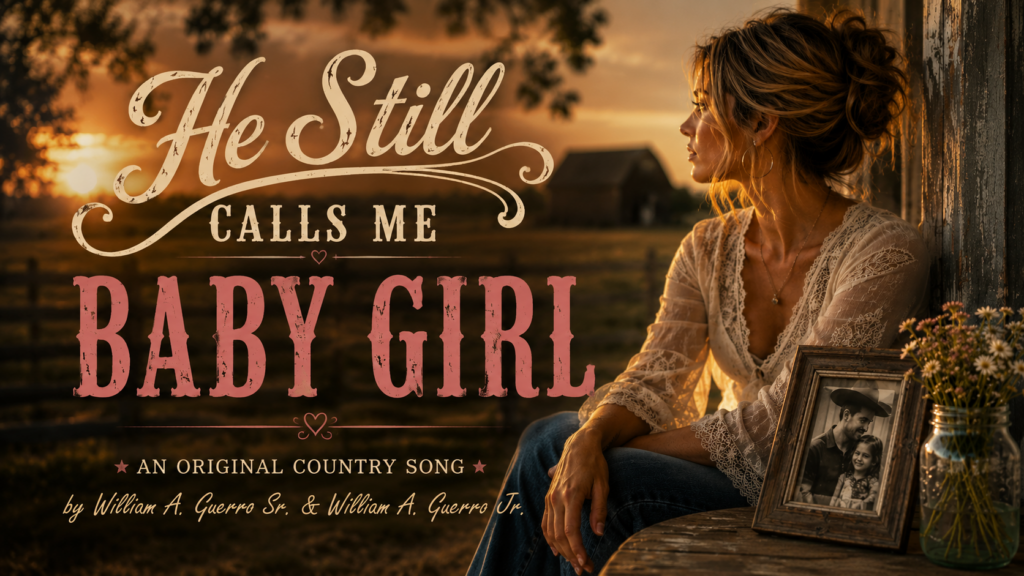 Header image for "He Still Calls Me Baby Girl," an original contemporary country song by William A. Guerro Sr. and William A. Guerro Jr., featuring a woman reflecting on a country porch beside a framed childhood photo at sunset.