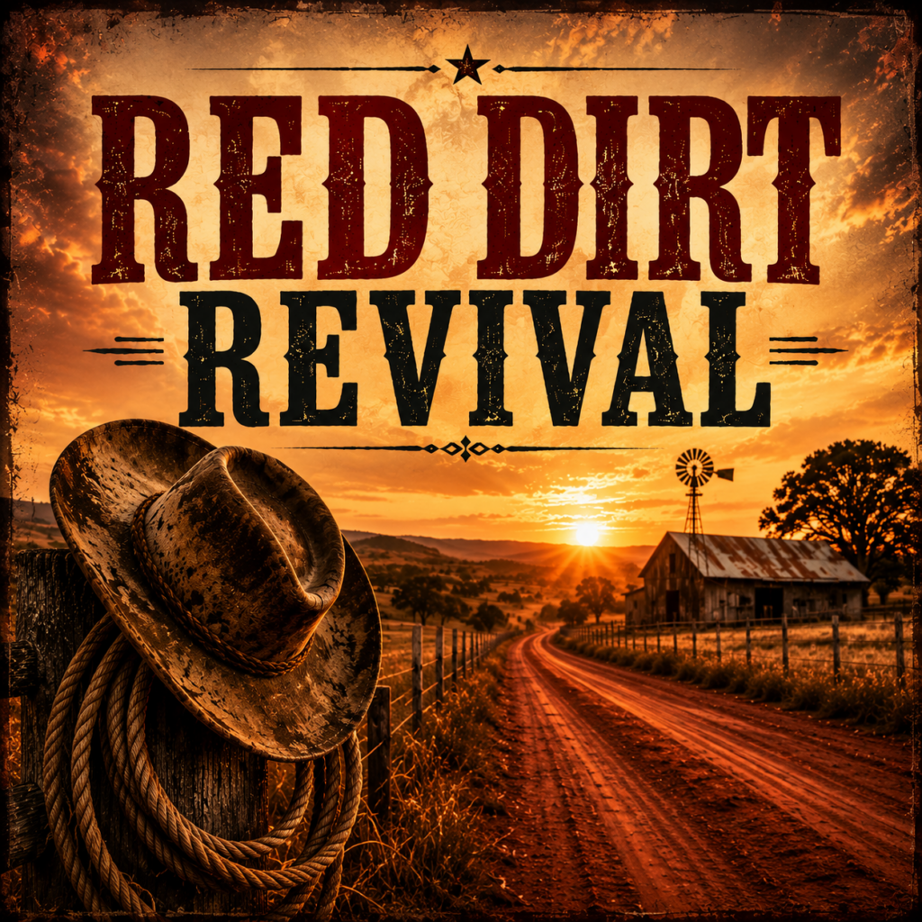 Album cover for the original country song "Red Dirt Revival" by William A. Guerro Sr. & William A. Guerro Jr., featuring a red dirt road, weathered cowboy hat, ranch fence, and glowing Texas-style sunset.