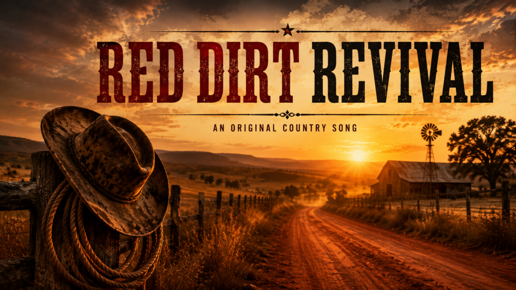 Cinematic header image for the original country song "Red Dirt Revival" featuring a red dirt road leading to a rustic farmhouse at sunset with a weathered cowboy hat and ranch fence.
