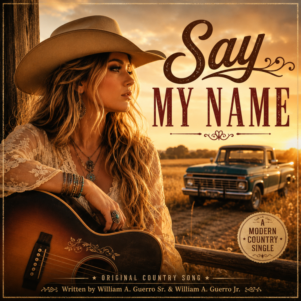 Album cover for "Say My Name," an original modern country song by William A. Guerro Sr. and William A. Guerro Jr., featuring a female country artist with an acoustic guitar beside a vintage pickup truck at sunset.
