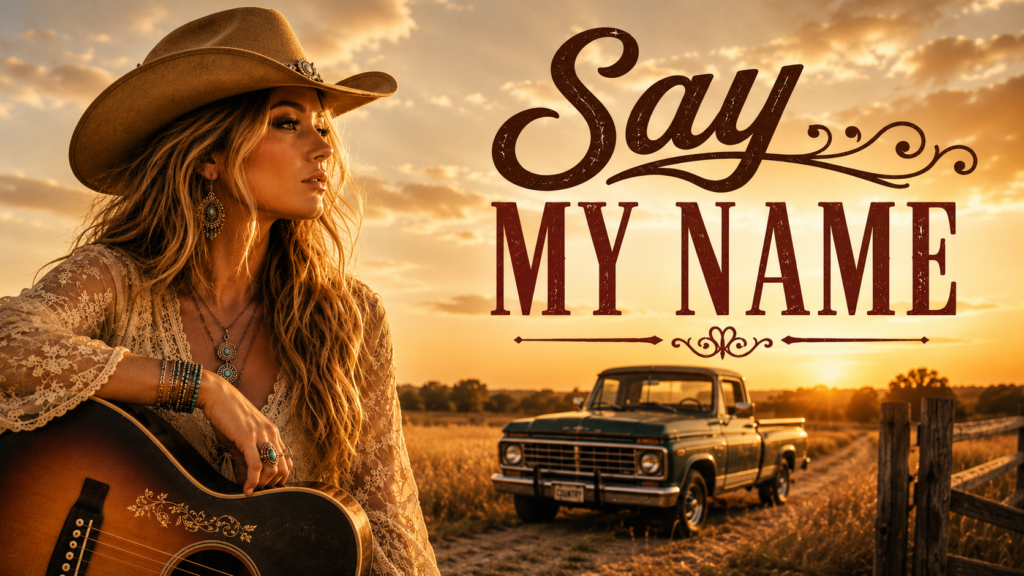 Header image for "Say My Name," an original modern country song by William A. Guerro Sr. and William A. Guerro Jr., featuring a female country artist with an acoustic guitar beside a vintage pickup truck at golden hour.