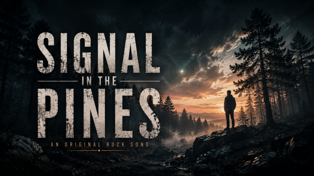 Cinematic header image for the original rock song "Signal in the Pines" featuring a lone figure overlooking a misty pine forest at sunrise beneath dramatic skies.