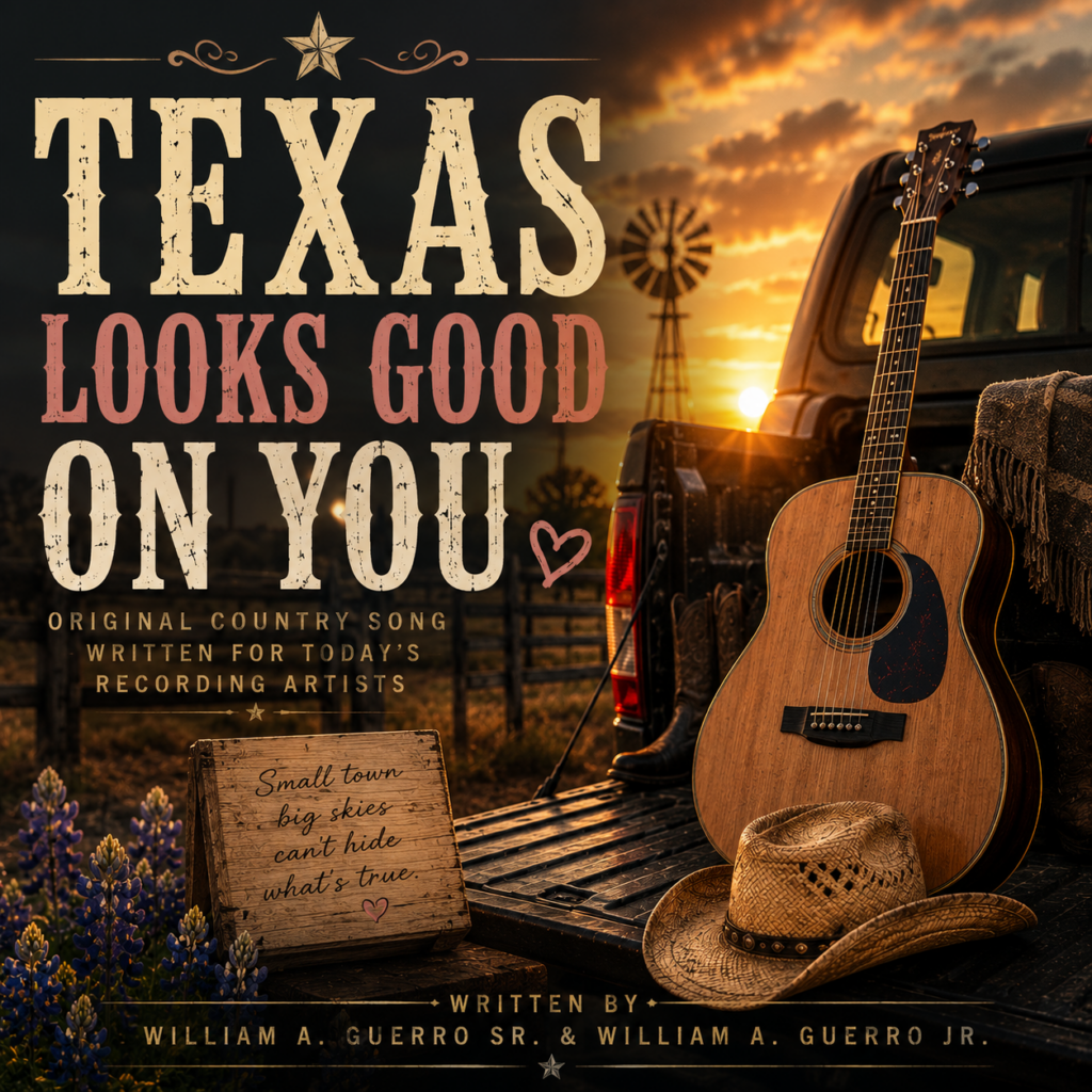 Texas Looks Good on You original country song demo featuring a Texas sunset, pickup truck, acoustic guitar, cowboy hat, windmill, and western-inspired artwork by William A. Guerro Sr. & William A. Guerro Jr.